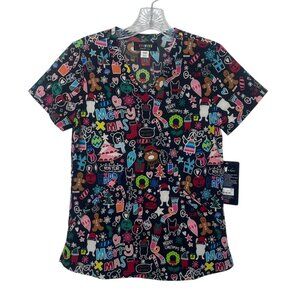 French Bull By Koi Christmas Doodle Scrub Top Shirt Womens XXS Black New